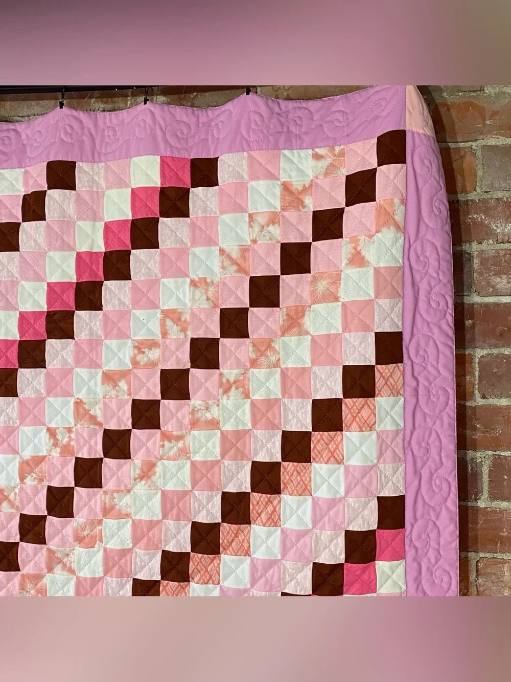 Vintage Polyester Jacob's Ladder Pink Brown Quilt 76